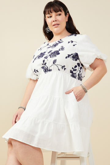 HY9462W Off White Plus Contrast Embroidered Paneled Dress Pose